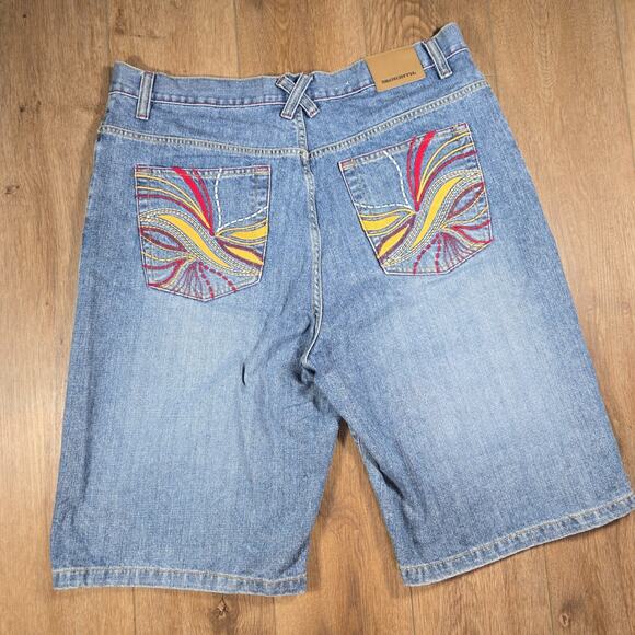 96 NORTH Men’s 40 Denim Shorts Distressed Embroidered Wide Leg Baggy Y2K Style - Picture 8 of 11